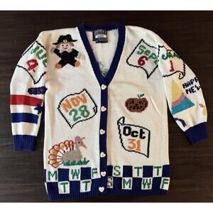 Vintage Berek Cardigan Sweater Womens Medium Holiday Calendar Handknit USA 80s